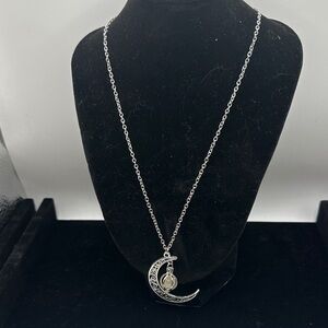 Silver Crescent Moon Pendant Necklace with Glass Charm